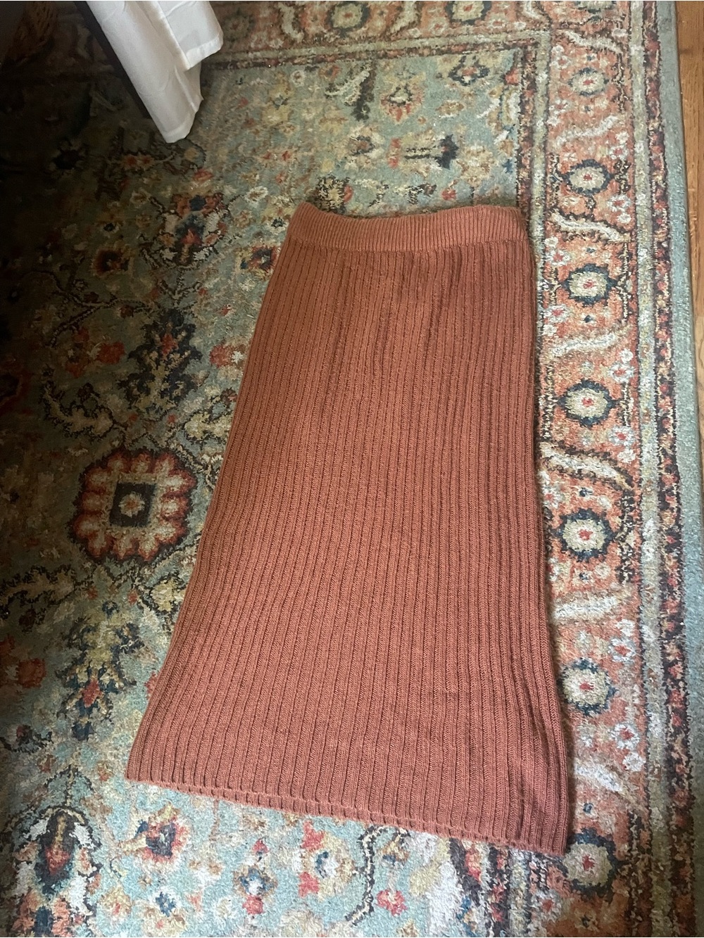 Women's Ribbed Pencil Midi Skirt in Rust